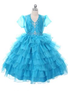 Halter Top Sleeveless Kids Formal Wear Floor Length Beading and Ruffled Layers and Bowknot Baby Blue Organza