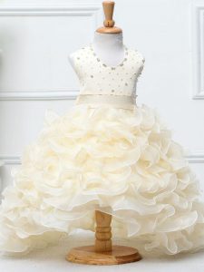 Popular Champagne Zipper Halter Top Beading and Ruffles Pageant Gowns Organza Sleeveless