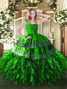 Top Selling Green Ball Gowns Appliques and Ruffles Military Ball Dresses Zipper Organza Sleeveless Floor Length