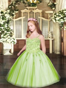 Unique Yellow Green Ball Gowns Appliques Pageant Dress for Teens Lace Up Tulle Sleeveless Floor Length