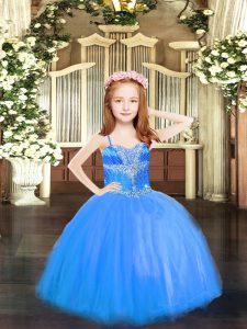 Hot Selling Sleeveless Tulle High Low Lace Up Little Girls Pageant Dress Wholesale in Blue with Beading