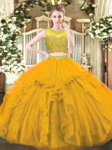 Traditional Scoop Sleeveless Tulle Sweet 16 Dress Beading and Ruffles Zipper