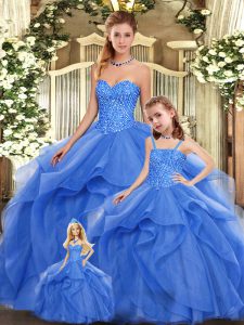 Cheap Floor Length Lace Up Sweet 16 Dresses Blue for Military Ball and Sweet 16 and Quinceanera with Beading and Ruffles