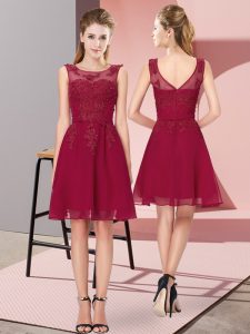 Custom Design Sleeveless Chiffon Knee Length Zipper Damas Dress in Wine Red with Appliques