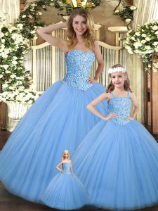Cheap Floor Length Baby Blue Quince Ball Gowns Tulle Sleeveless Beading