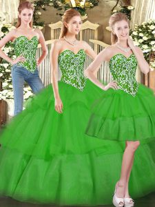 Elegant Green Lace Up Sweet 16 Dress Beading and Ruffled Layers Sleeveless Floor Length