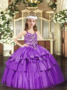 Dramatic Floor Length Ball Gowns Sleeveless Lilac Pageant Dresses Lace Up