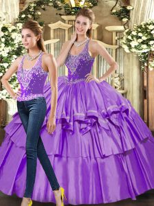 Ideal Eggplant Purple Lace Up Straps Ruffled Layers Quinceanera Gown Organza Sleeveless