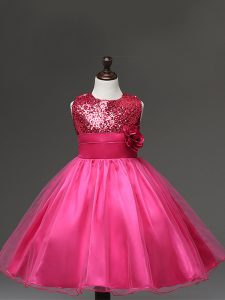 Custom Made Hot Pink Sleeveless Knee Length Sequins and Hand Made Flower Zipper Kids Formal Wear