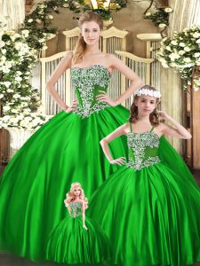 Green Lace Up Quinceanera Gown Beading Sleeveless Floor Length