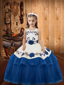 Inexpensive Floor Length Blue Kids Pageant Dress Organza Sleeveless Embroidery and Ruffled Layers