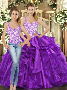 Eggplant Purple Tulle Lace Up Straps Sleeveless Floor Length Quinceanera Gowns Beading and Ruffles