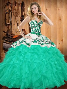 Turquoise Ball Gowns Embroidery and Ruffles Ball Gown Prom Dress Lace Up Satin and Organza Sleeveless Floor Length