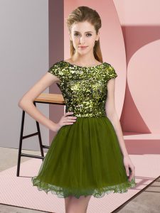 Edgy Olive Green A-line Scoop Cap Sleeves Tulle Mini Length Zipper Sequins Dama Dress for Quinceanera