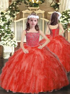 Trendy Coral Red Sleeveless Beading and Ruffles Floor Length Pageant Dress Toddler