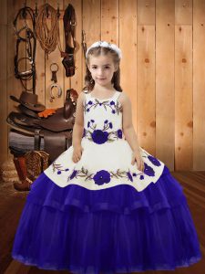 Purple Lace Up Little Girl Pageant Dress Embroidery and Ruffled Layers Sleeveless Floor Length