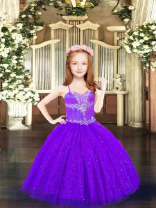 Excellent Spaghetti Straps Sleeveless Lace Up Little Girl Pageant Dress Purple Tulle