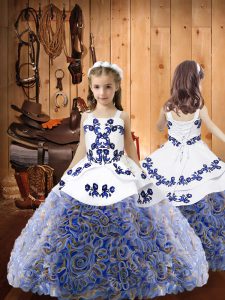 Classical Multi-color Ball Gowns Fabric With Rolling Flowers Straps Sleeveless Embroidery and Ruffles Floor Length Lace Up Girls Pageant Dresses