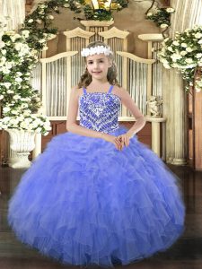 Custom Fit Blue Ball Gowns Organza Straps Sleeveless Beading and Ruffles Floor Length Lace Up High School Pageant Dress