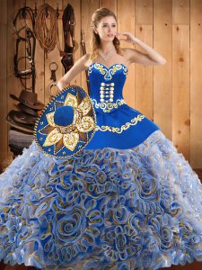 Affordable Multi-color Ball Gowns Embroidery Juniors Party Dress Lace Up Satin and Fabric With Rolling Flowers Sleeveless With Train