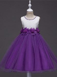 Affordable Purple Zipper Child Pageant Dress Lace and Hand Made Flower Sleeveless Knee Length