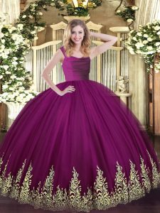 Straps Sleeveless 15th Birthday Dress Floor Length Lace and Appliques Fuchsia Tulle