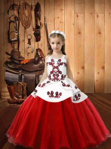 Customized White And Red Pageant Dress Toddler Sweet 16 and Quinceanera with Embroidery Straps Sleeveless Lace Up