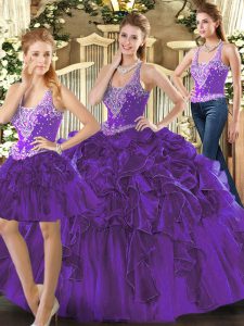Purple Tulle Lace Up Quinceanera Dress Sleeveless Floor Length Beading and Ruffles