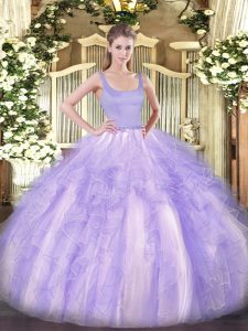 Lovely Tulle Straps Sleeveless Zipper Beading and Ruffles 15 Quinceanera Dress in Lavender