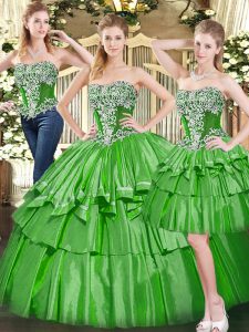 Green Tulle Lace Up Quinceanera Gowns Sleeveless Floor Length Beading and Ruffled Layers