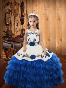 Blue Ball Gowns Embroidery and Ruffles Kids Formal Wear Lace Up Organza Sleeveless Floor Length