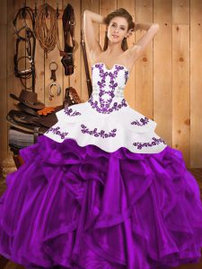 Shining Eggplant Purple Sleeveless Floor Length Embroidery and Ruffles Lace Up Sweet 16 Dress