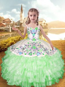 Apple Green Sleeveless Floor Length Embroidery and Ruffled Layers Lace Up Kids Formal Wear