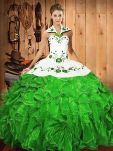 Floor Length Green Quinceanera Dresses Satin and Organza Sleeveless Embroidery and Ruffles