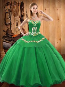 Cheap Sleeveless Satin and Tulle Floor Length Lace Up Quince Ball Gowns in Green with Embroidery