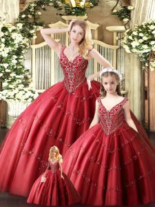 Top Selling Sleeveless Floor Length Beading Lace Up Quinceanera Gowns with Red