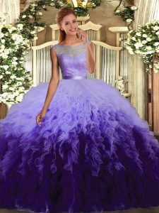 Inexpensive Tulle Scoop Sleeveless Backless Beading and Ruffles 15 Quinceanera Dress in Multi-color