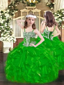 Hot Sale Floor Length Green Child Pageant Dress Organza Sleeveless Appliques and Ruffles