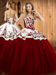Great Wine Red Lace Up Sweetheart Embroidery 15 Quinceanera Dress Satin and Tulle Sleeveless