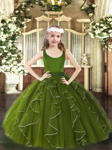 Beading and Ruffles Child Pageant Dress Olive Green Zipper Sleeveless Floor Length