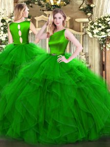 Sleeveless Floor Length Ruffles Clasp Handle Quinceanera Dresses with Green