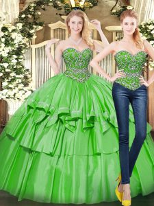Green Sleeveless Floor Length Beading and Ruffled Layers Lace Up Quinceanera Gowns