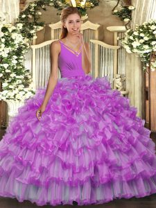 Modern Lilac Sweet 16 Quinceanera Dress Military Ball and Sweet 16 and Quinceanera with Ruffled Layers V-neck Sleeveless Backless