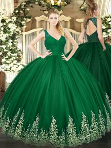 Best V-neck Sleeveless Tulle Quinceanera Dress Beading and Lace and Appliques Backless