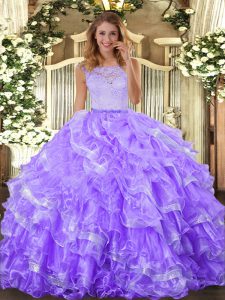Captivating Lavender Scoop Neckline Lace and Ruffled Layers 15 Quinceanera Dress Sleeveless Clasp Handle