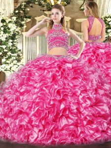 Hot Pink Two Pieces Tulle High-neck Sleeveless Beading and Ruffles Floor Length Backless Quinceanera Gown