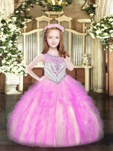 Lilac Organza Zipper Scoop Sleeveless Floor Length Little Girls Pageant Dress Beading and Ruffles