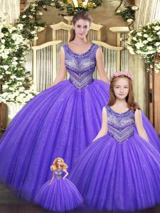 Cute Eggplant Purple Ball Gowns Tulle Scoop Sleeveless Beading Floor Length Lace Up Quinceanera Dress