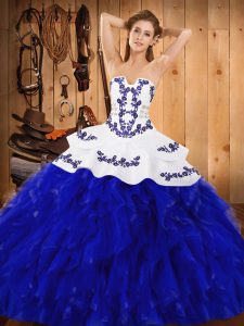 Lovely Floor Length Lace Up Quinceanera Dresses Blue And White for Military Ball and Sweet 16 and Quinceanera with Embroidery and Ruffles