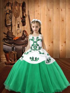 Turquoise Organza Lace Up Straps Sleeveless Floor Length Little Girl Pageant Dress Embroidery